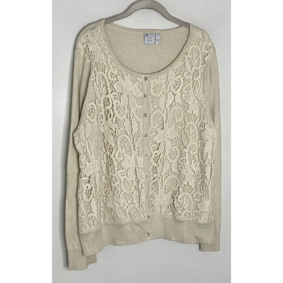J JIll Delight In The Details Crochet Lace Button Up Cardigan Ivory Size Large - Picture 2 of 6